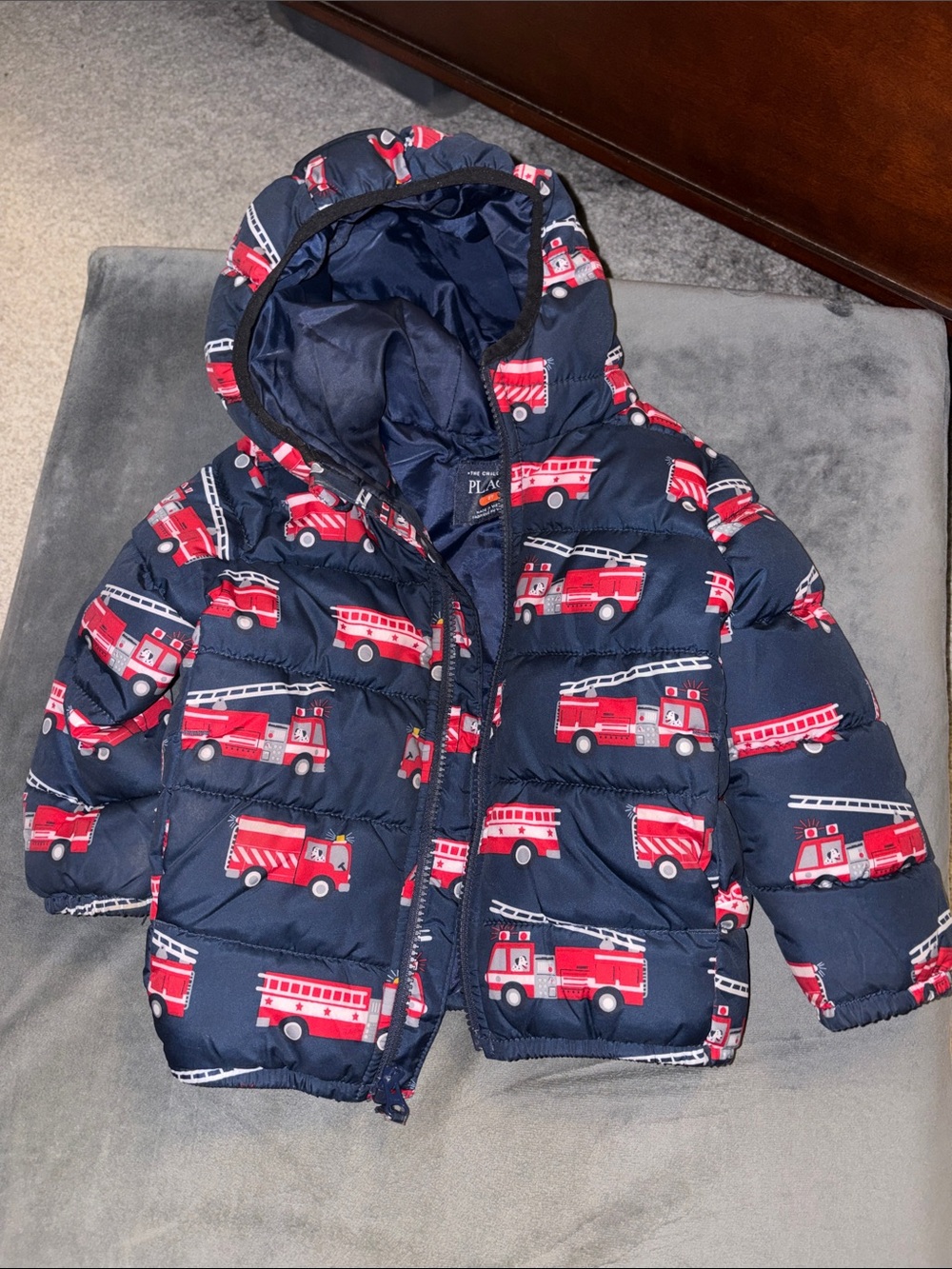 The Children's Place Navy Blue Hooded Puffer with Red Fire Truck Print